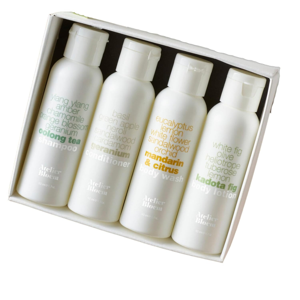Atelier Bloem Travel Gift Set with Mandarin & Citrus Body Wash, Kadota Fig Body Lotion, Oolong Tea Shampoo, and Geranium Conditioner - Kimpton Hotel Collection - Includes Gift Box - 1.7 Oz. Bottles