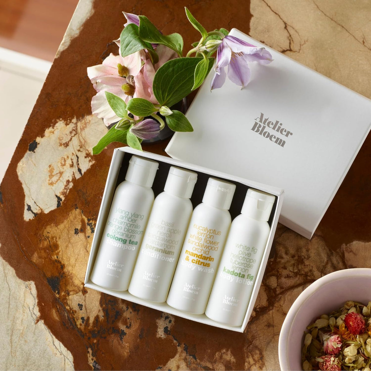 Atelier Bloem Travel Gift Set with Mandarin & Citrus Body Wash, Kadota Fig Body Lotion, Oolong Tea Shampoo, and Geranium Conditioner - Kimpton Hotel Collection - Includes Gift Box - 1.7 Oz. Bottles