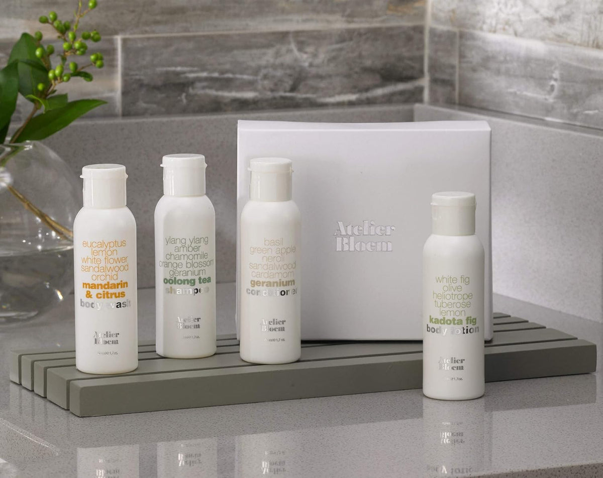 Atelier Bloem Travel Gift Set with Mandarin & Citrus Body Wash, Kadota Fig Body Lotion, Oolong Tea Shampoo, and Geranium Conditioner - Kimpton Hotel Collection - Includes Gift Box - 1.7 Oz. Bottles
